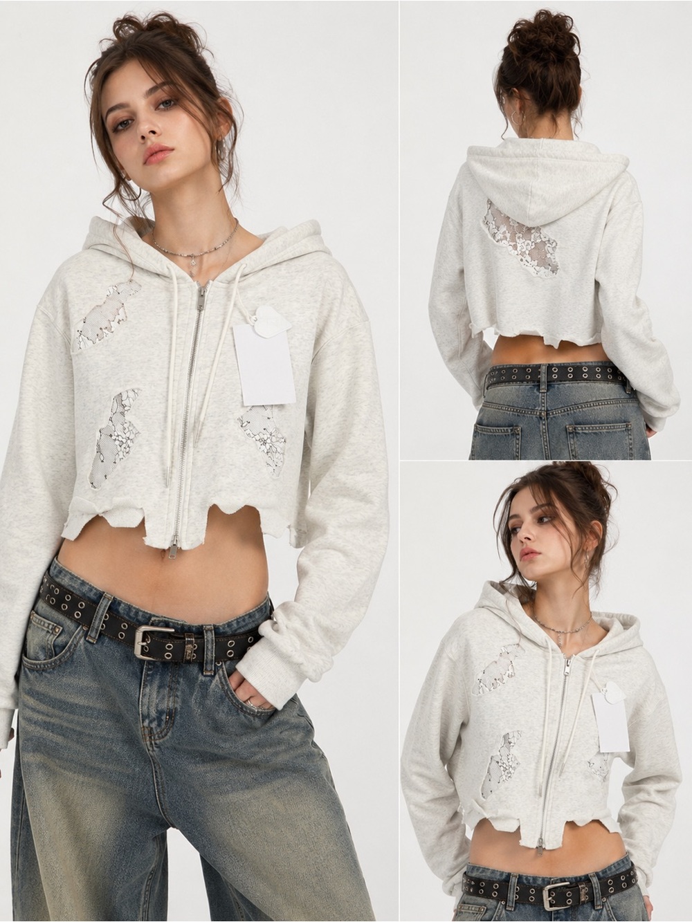 NWT Aelfric Eden Distressed Lace Cutout Cropped Zip-Up Hoodie